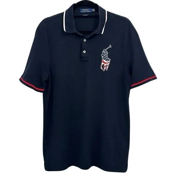 Ralph Lauren Polo Shirt Big Pony Logo American Flag Design Medium Navy Blue - Picture 2 of 7